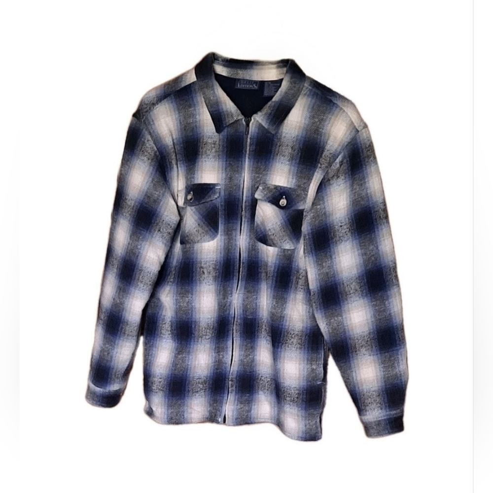Basic Editions Boy's Blue Plaid Full Zip Flannel Jacket Size 14/16